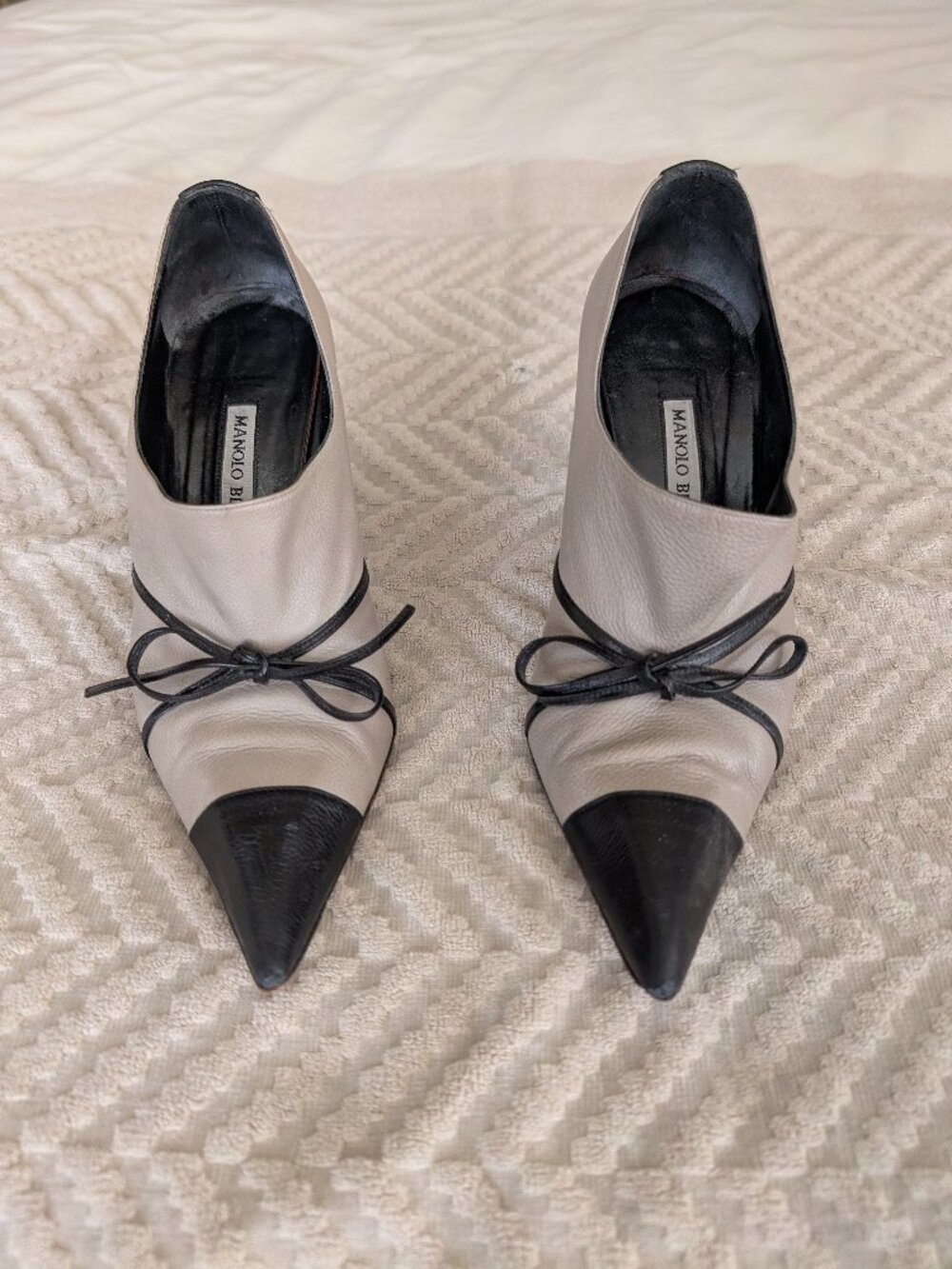 Manolo Blahnik light grey and black pumps